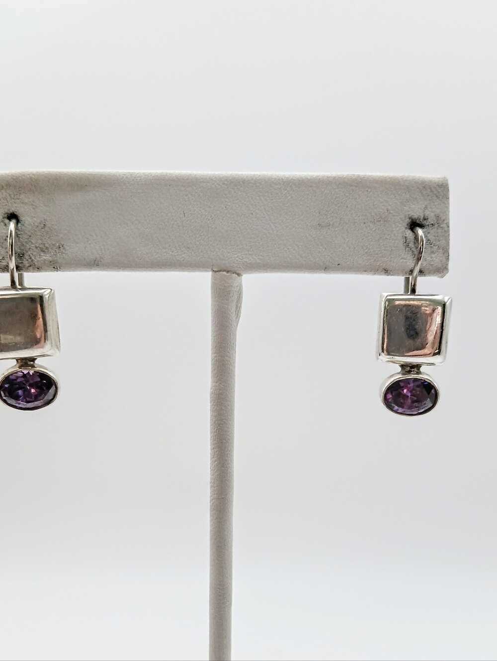 Vintage Modernist 925 Sterling Silver Amethyst Dangle Earrings 1.25"